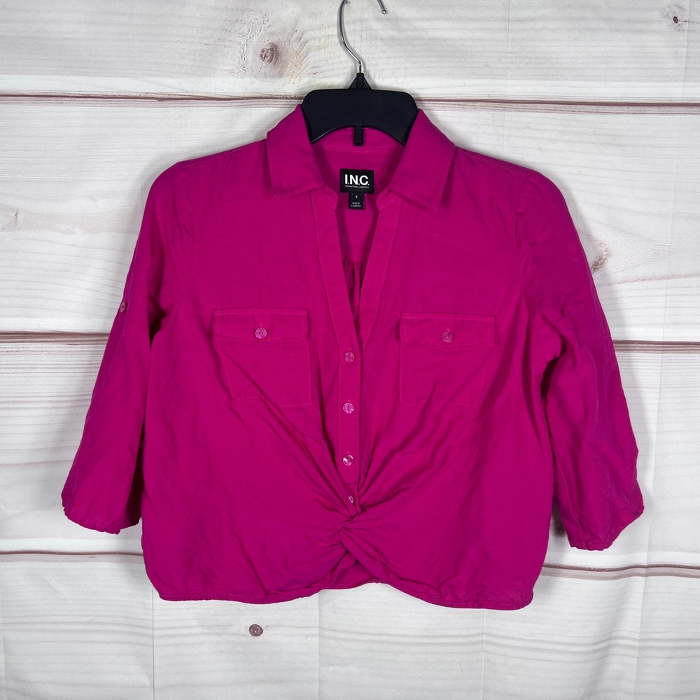 INC Concepts Top Women S Pink Twist Front Linen Blend Blouse Button Up Cropped